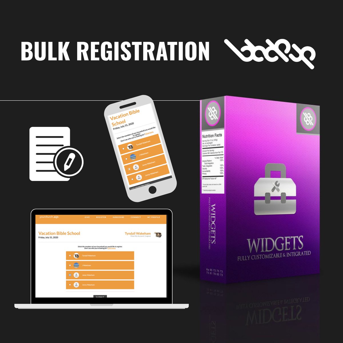 blackpulp's tweet image. Our Bulk Registration widget is designed to facilitate easy registration of your whole family. Churches can set up their events in @ThinkMinistry and offer sign ups for #church events like VBS, childcare, or Sunday School in one step! bit.ly/2IOsdKO