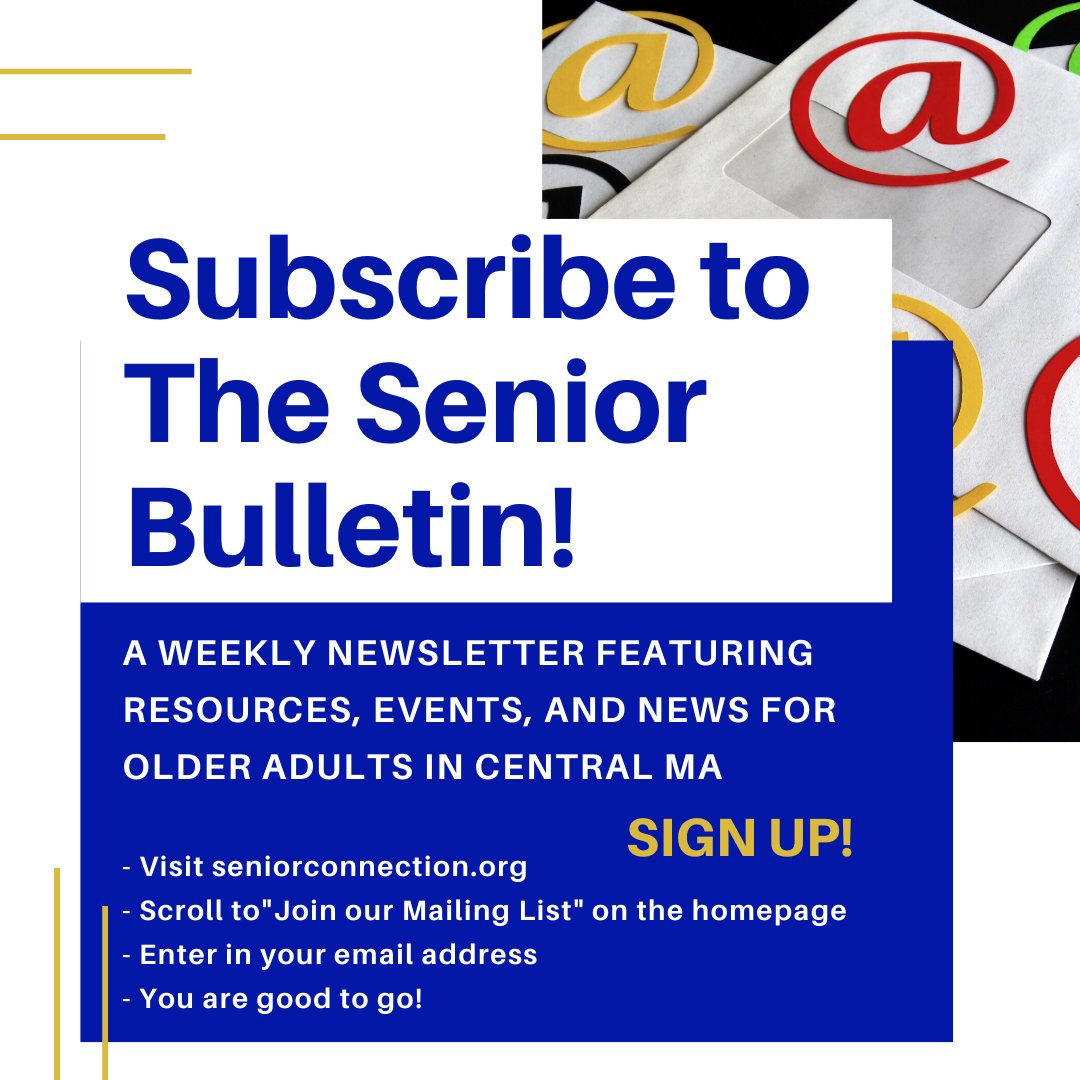 MASrConnection's tweet photo. #DidYouKnow we have a weekly newsletter for #CentralMa #seniors and #caregivers. Information, local events, resources...straight to your inbox! Make sure to sign up to receive future bulletins.
Check out our latest edition here!
https://t.co/ftCn3k2812
#CMAA #SeniorConnection https://t.co/X9BM7Oygq4