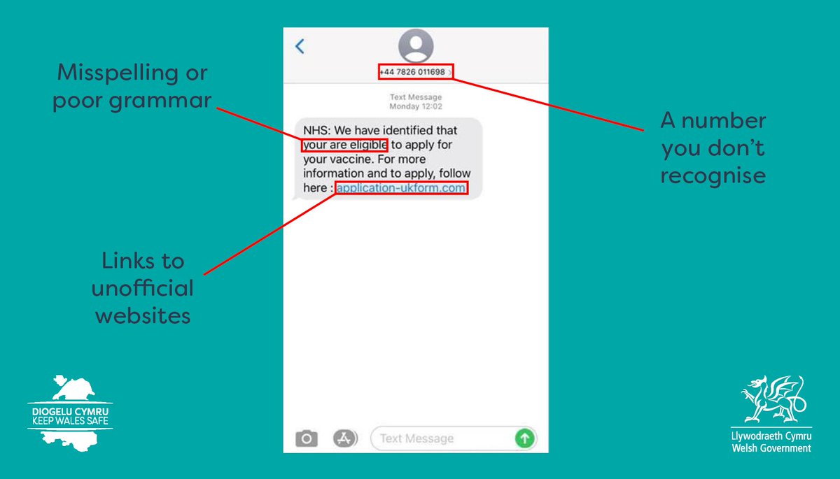❗ Scam text messages inviting people for a coronavirus vaccine are circulating.

You'll only be contacted by the NHS, usually by phone or post. No text from the NHS will ever ask for bank details or payment.

Report scams by forwarding the text to Ofcom on 7726