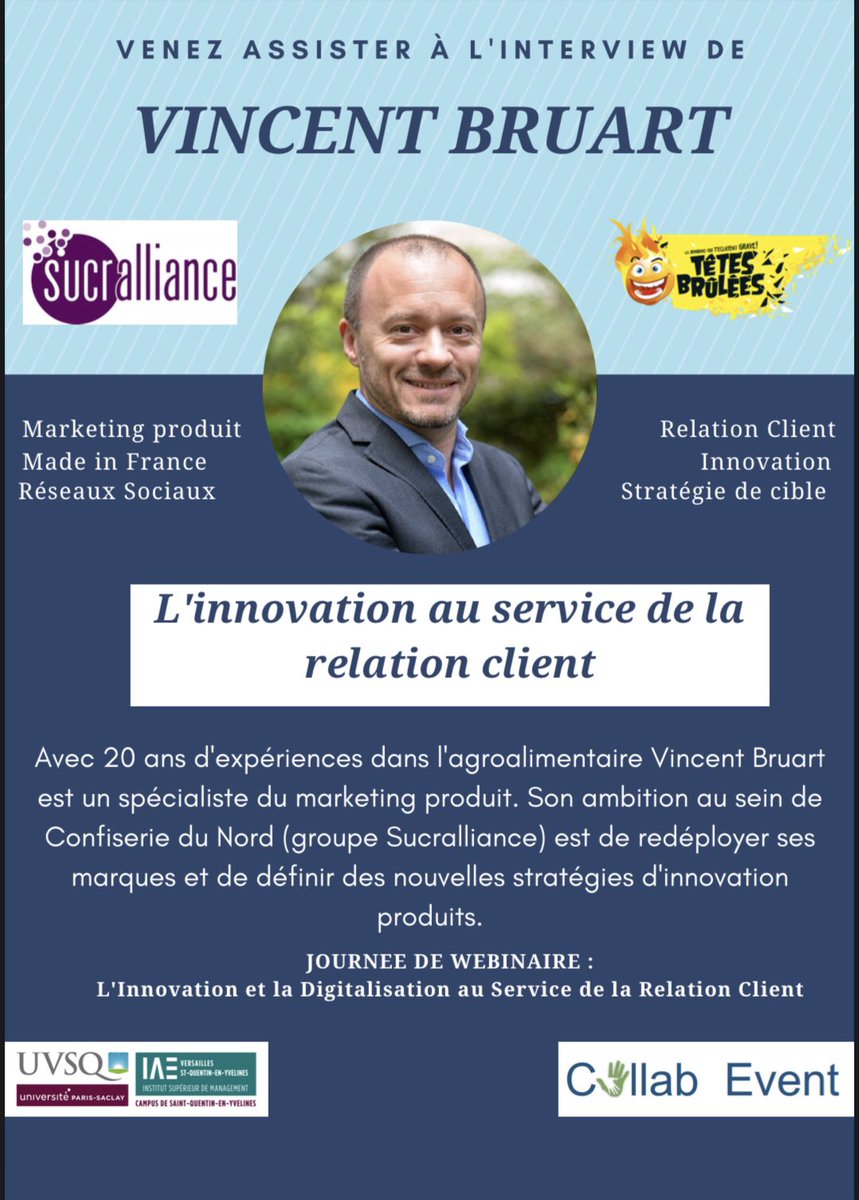 event_collab's tweet photo. 🔷Webinaire J-8 

📲 Nous aurons le plaisir d’écouter Vincent Bruart, directeur commercial et marketing Sucralliance. Il interviendra sur le sujet « L’innovation au service de la relation client ». 

❗️Inscription via le lien en bio 
#webinar #innovation #relationclient #ismiae https://t.co/H2tb8AGBGn