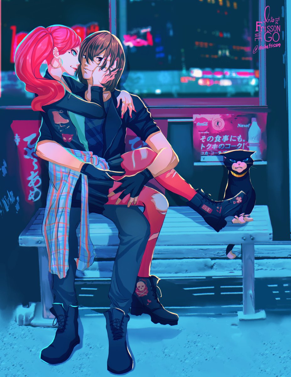 IntotheFrisson's tweet photo. Thank you for commissioning me @Casteal5 🥰🥰 Ah, I don't know what it is about night city scenes that really get me but they do 😂 

#persona5 #persona5royal #anntakamaki #akechigoro #anngoro #morgana #city #night #commission #commissionart https://t.co/JQtM3V7TLt