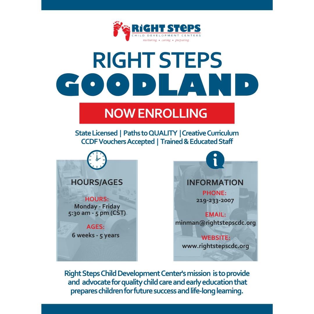 RightStepsCDC's tweet image. Are you looking for high quality early learning and child care?  Right Steps Goodland is ENROLLING NOW! Right Steps Goodland offers early learning and care to children ages 0 - 5. To enroll your child today, visit rightstepscdc.org/enroll.