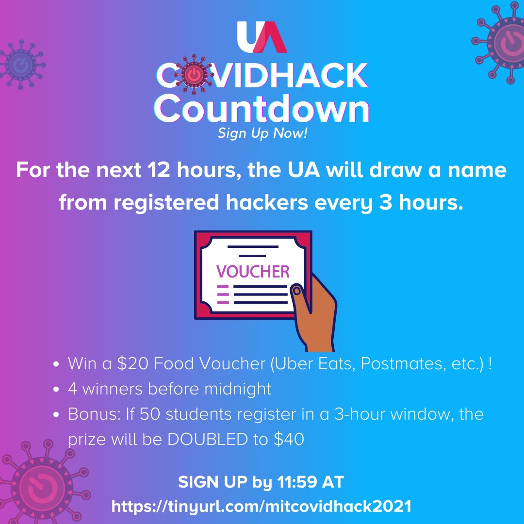 ua_mit_'s tweet photo. The count is on! 12 hours left to register for MIT COVID HACK. Sign up now at https://t.co/S1NizF58J1. Registration closes at 11:59pm ET tonight! https://t.co/LjydrTr6Yu