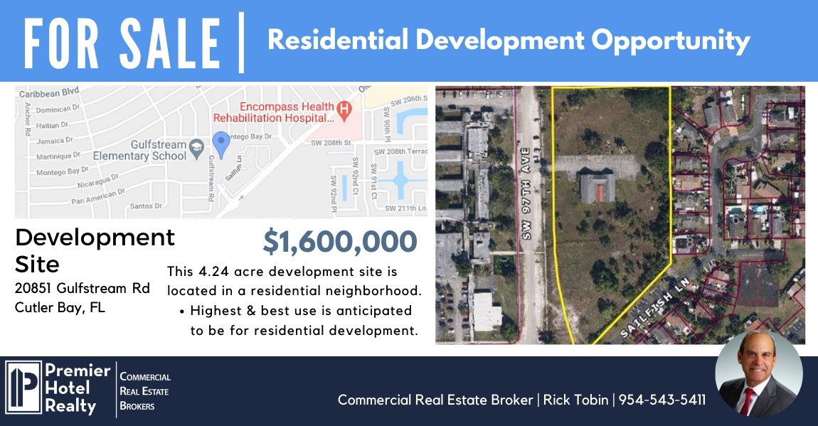 CREPropertyWire's tweet image. We are pleased to share with you this residential development opportunity in Cutler Bay, FL: 

📍DEVELOPMENT SITE - CUTLER BAY, FLORIDA | PRICE: $1,600,000

📌 4.24 acres | Located in a residential neighborhood

Contact Rick Tobin for more details at 954-543-5411📞