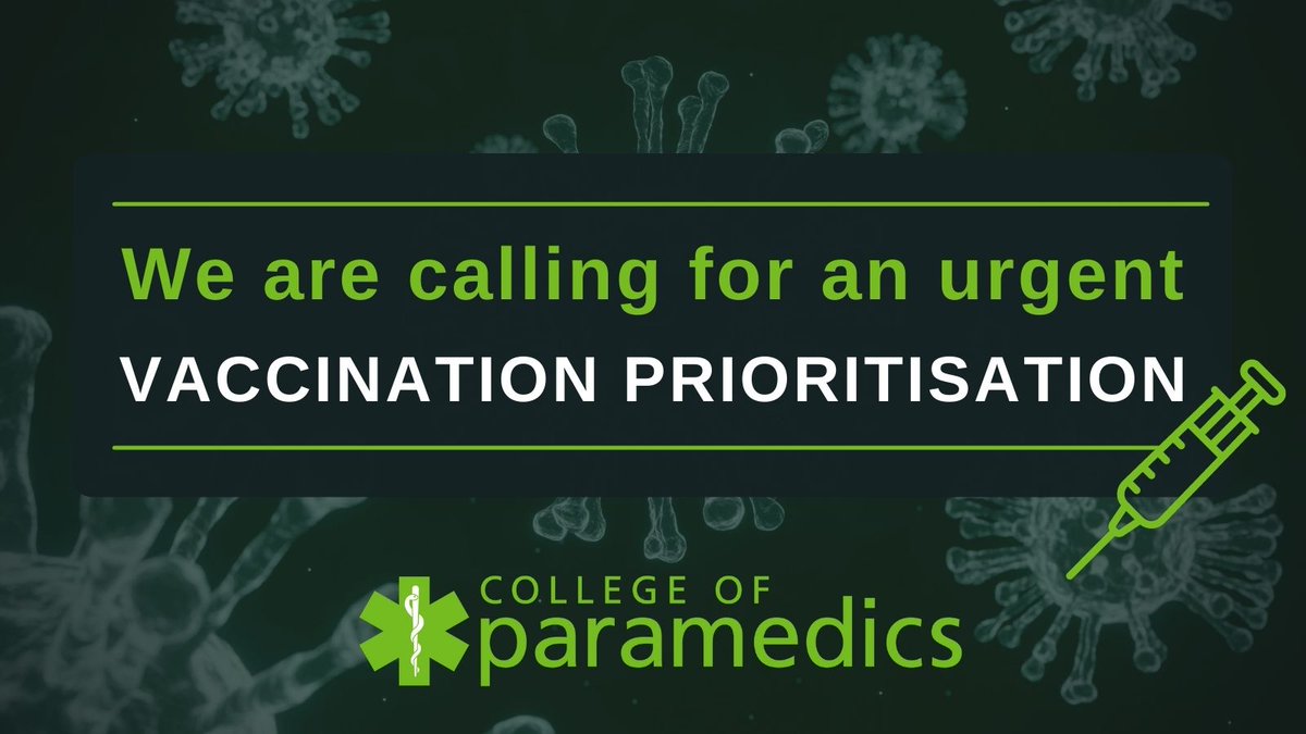 ParamedicsUK's tweet photo. We have called for an urgent coordinated response to prioritise vaccinating #paramedics, frontline #ambulance clinicians and 999 #NHS111 call centre staff. 

Read our statement on 'When Will Vaccinations Be Available for Frontline Staff?'
https://t.co/ZKB6IOHtcV

#COVID19Vaccine https://t.co/EVPHgHTF0z