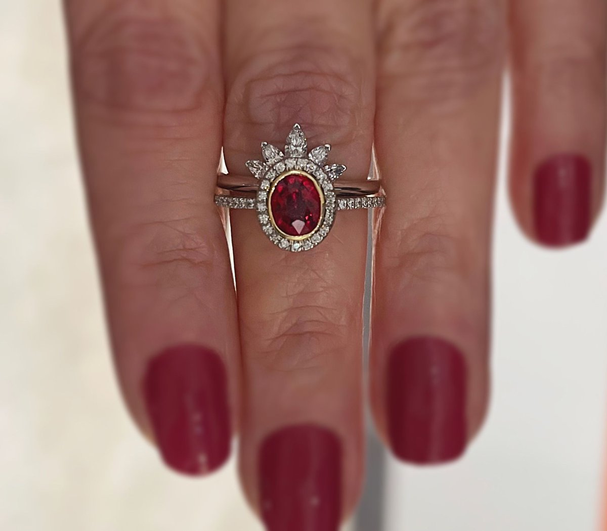BjmDesigner's tweet photo. The Theia stacking band pairs beautifully with this ruby halo ring! A girl can never have too many diamonds 💎

https://t.co/eZDSkcNl2c

#stackingring #diamonds #rubyring #halodiamond #customjewelry #handcraftedjewelry #jewelrydesign https://t.co/soOIucujvd