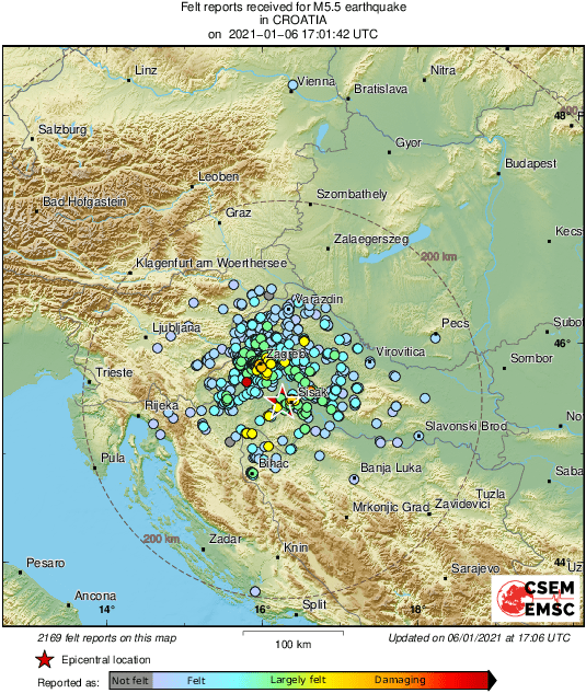 M5.3 #earthquake (#potres) strikes 48 km SE of Zagreb - Centar (#Croatia) 4 min ago. Effects reported by eyewitnesses: