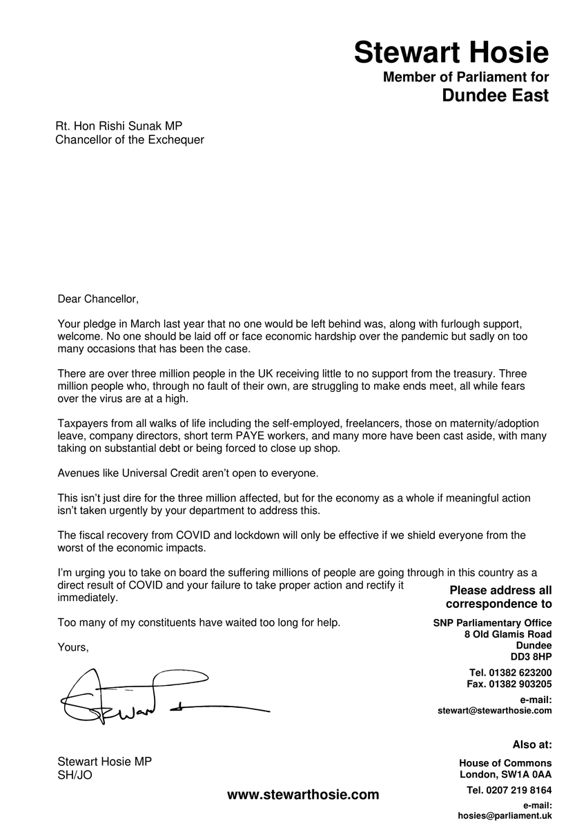 StewartHosieSNP's tweet photo. The Chancellor's failure to act swiftly throughout this pandemic has left over a million out of work and three million without any financial support.

I've written to Rishi Sunak urging him to listen to the millions of people suffering as a result of his inaction. https://t.co/hRa9sOpQlh