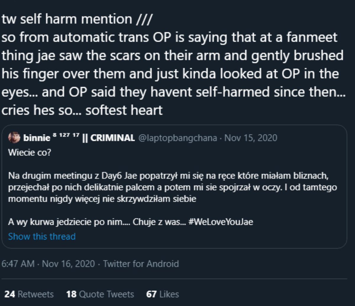 tw // self harm mentionduring a fansign jae saw op's selfharm scars and looked them in the eyes and gently ran his fingers over them and op said they havent self harmed since