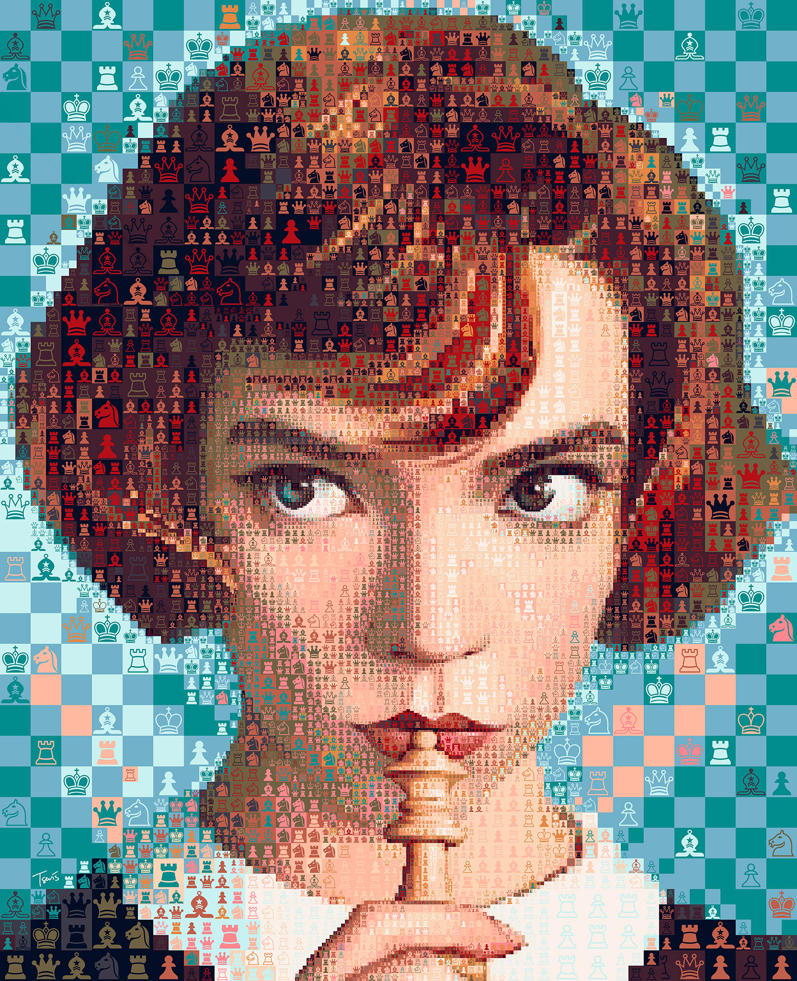 A mosaic of chess related images put together to look like Anya Taylor-Joy's character Elizabeth Harmon from Netflix's "The Queen's Gambit" miniseries. She is looking up and to the side, with a white chess pawn resting against her lips.