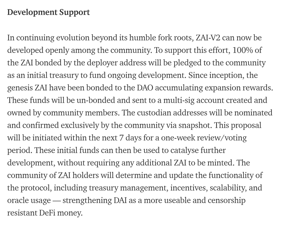 Development fund:100% of the ZAI bonded by the deployer address will be pledged to the community as an initial treasury to fund ongoing development. A multi-sig account created and owned by community members will be used to determine the use of these funds.