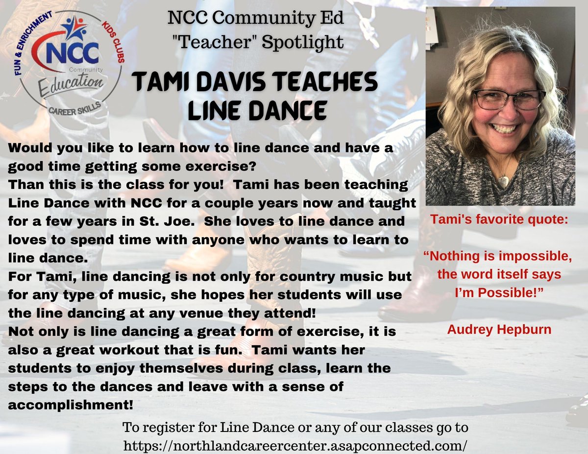 communityedNCC's tweet photo. Have some fun with exercising in the New Year, try Line Dance with Tami!
For more information check out our Winter/Spring Brochure at https://t.co/FLLN4JrxnR or go to our registration site at https://t.co/tRp6lZc7DB
#letslearnmorencc #engagingminds #EnrichingLives https://t.co/PVu1VLlHFK