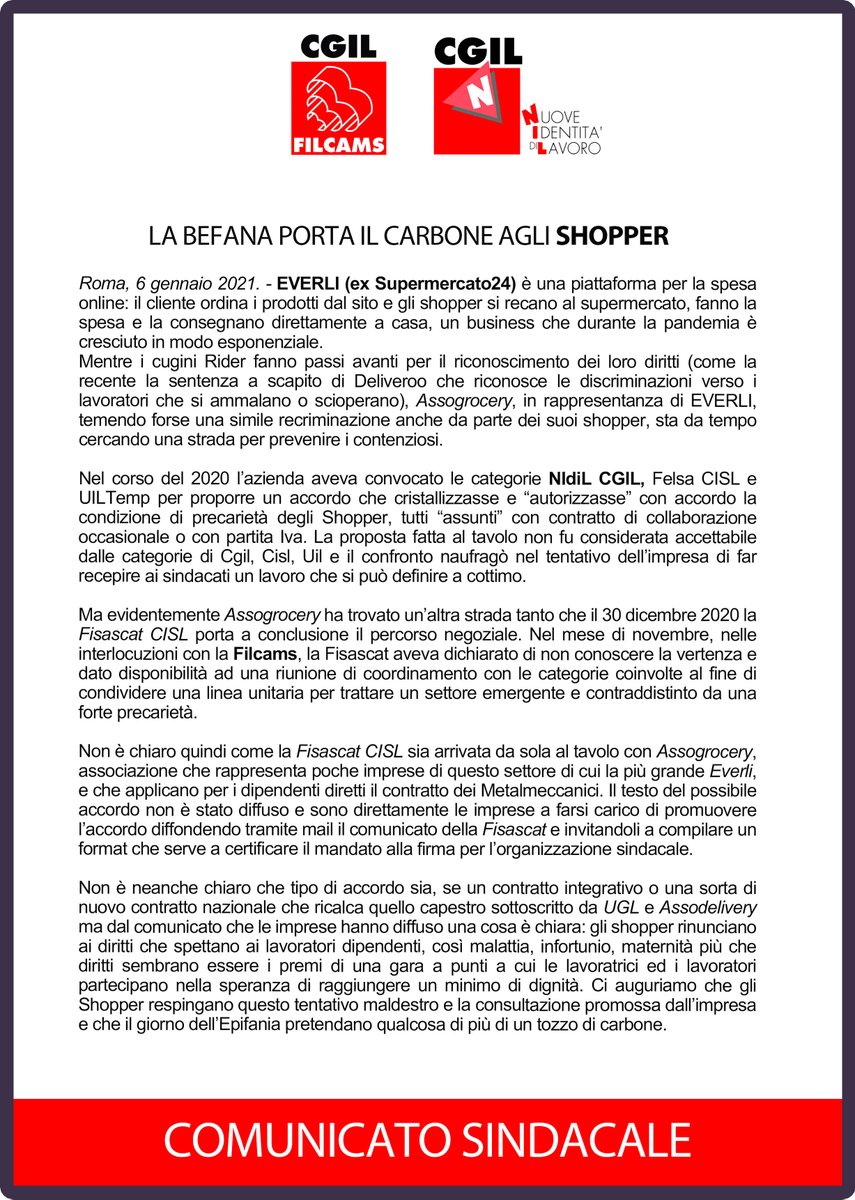 ‼️ La befana porta il carbone agli #shopper 
Poco chiaro l'accordo siglato tra #Assogrocery e #FisascatCISL sugli Shopper. 
Filcams Cgil e NIdiL CGIL: così i lavoratori rinunciano a diritti e tutele.

🟥 COMUNICATO SINDACALE FILCAMS NIDIL CGIL
nidil.cgil.it/la-befana-port…