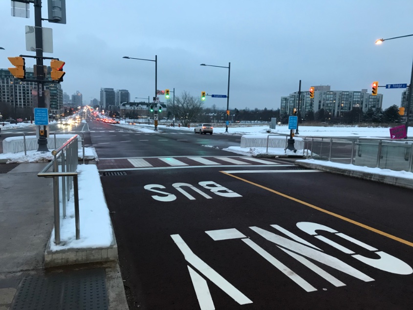 Hopefully, YRT will revisit the design of this station to help improve the transfer experience here, as this is one of the busiest transfer locations in the region. At a minimum, having the pedestrian button at Hopkins activate automatically would be a good step forward.