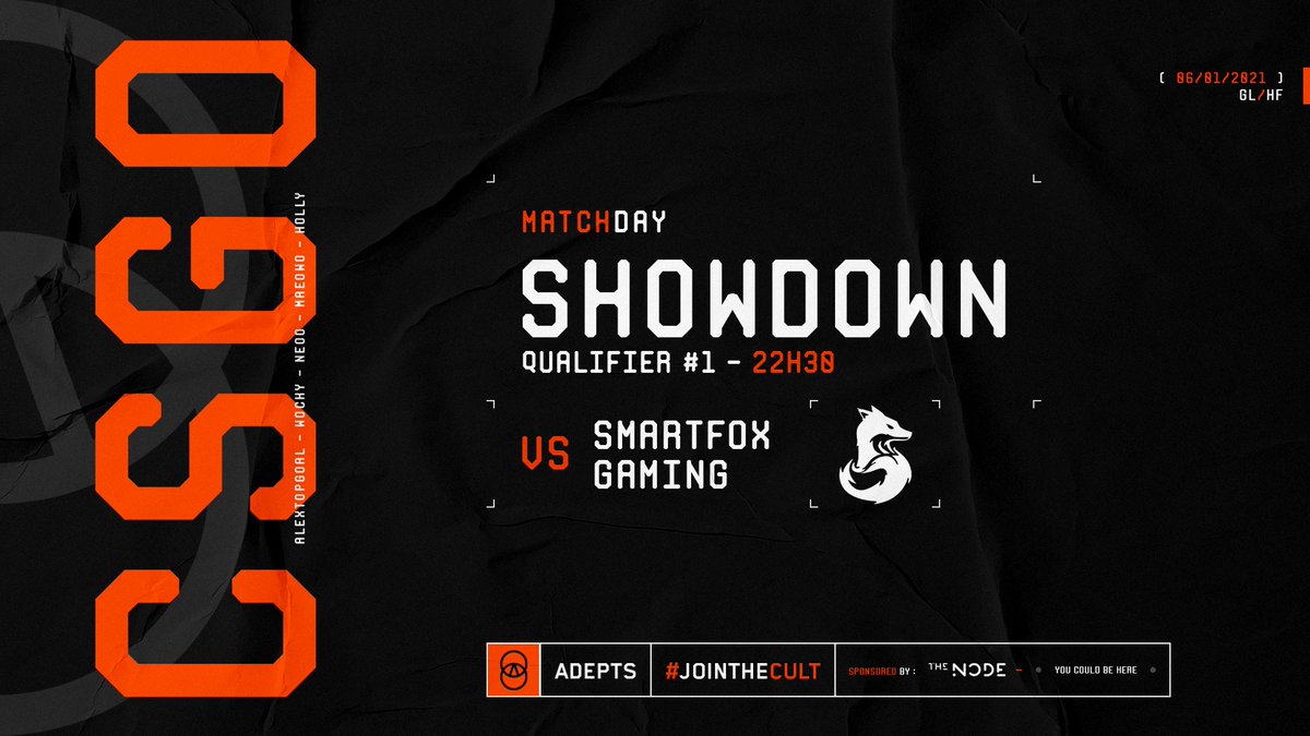 ADEPTS_TEAM's tweet photo. #CSGO. @Showdown2021, Jour 3 !
Nous affrontons l'équipe @smartfoxgaming à 22h30.
GLHF !
🔴Cast by @NaguSan618 :
https://t.co/Z2iLE2Nj6h
#JoinTheCult #GoAdepts https://t.co/eeKHUFVBy3