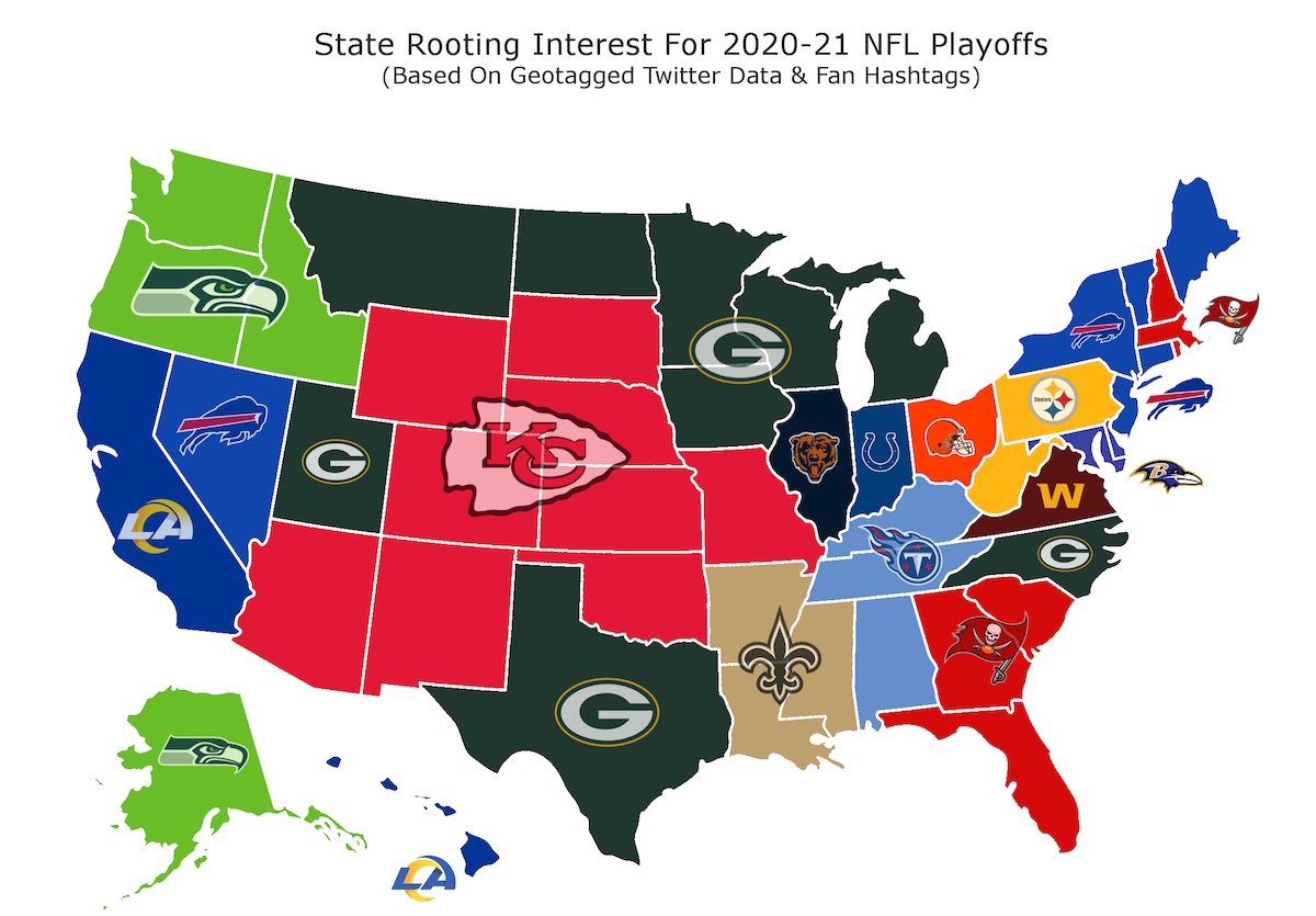 theScore's tweet photo. Twitter map shows @Chiefs, @packers have most playoff rooting interest. 👀 https://t.co/vkvoX3eNya https://t.co/dbihkZbPYi