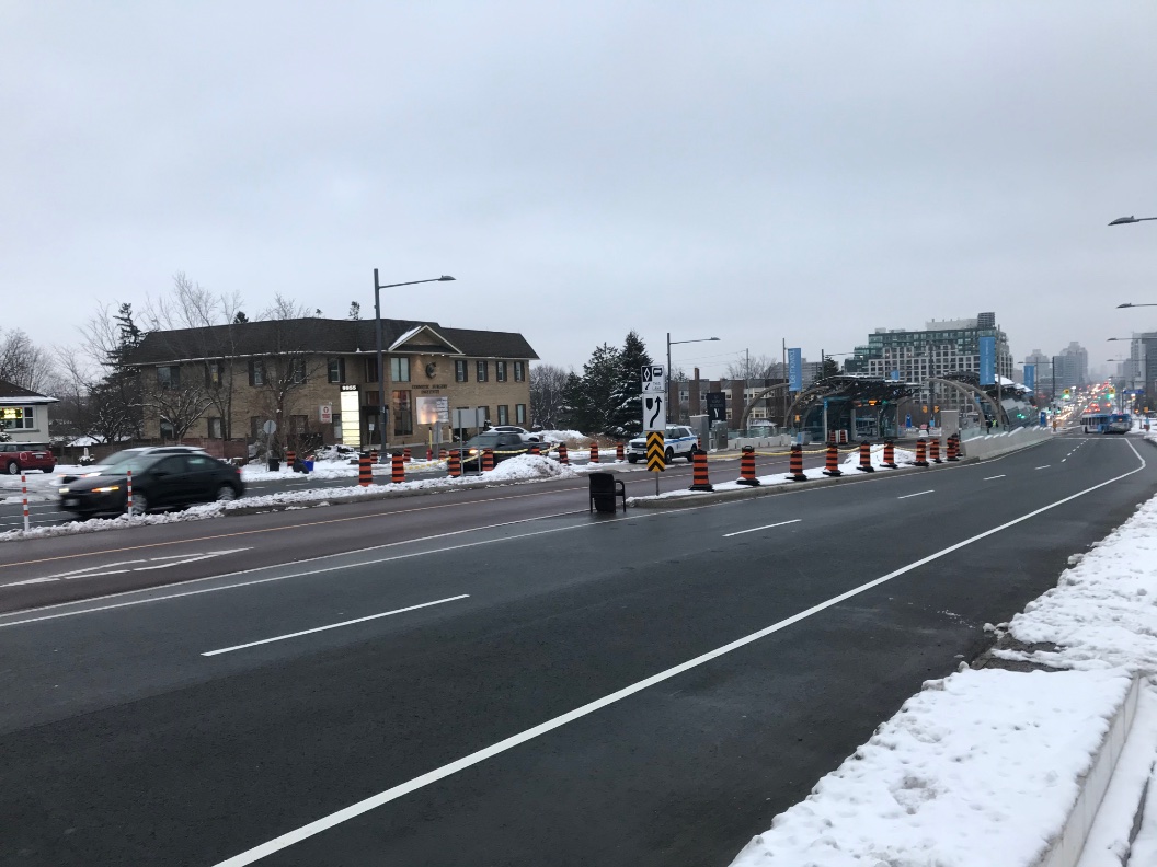To rectify this, temporary construction cones and cone bars were installed at the north end of the station on both sides of the roadway. This did little to deter people from crossing here, with many instead choosing to walk down the rapidway lanes instead.