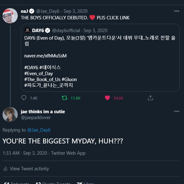 hehe, his reply to my tweet talking about how much he loves where the sea sleeps (he still talks about how it's his favorite day6 song to this very day!!! and he encouraged us to vote for EOD on music shows)