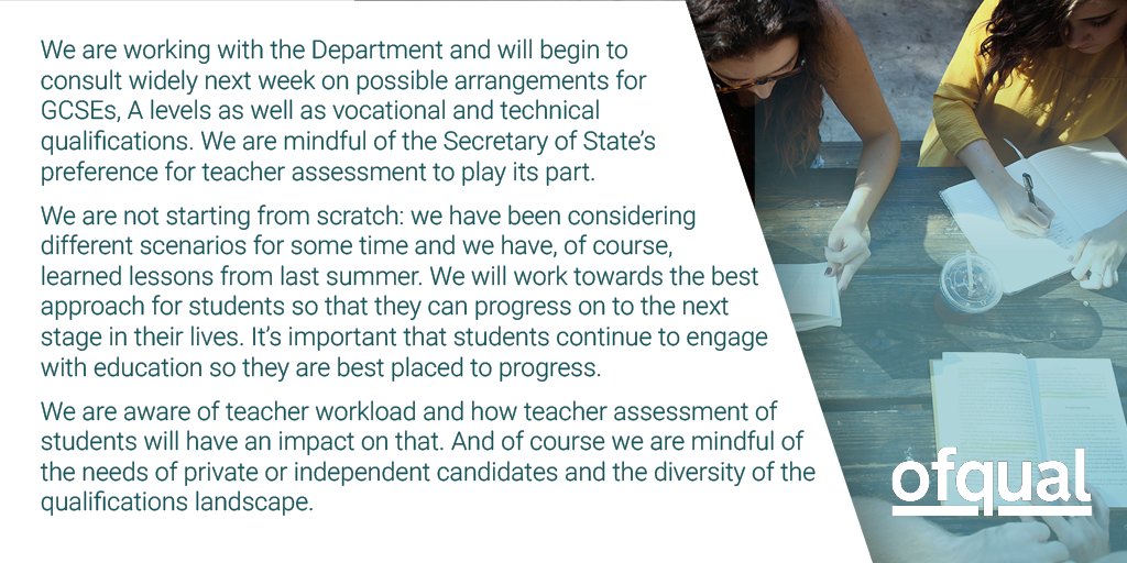 ofqual's tweet photo. We are working with the Department for Education and will consult next week on arrangements for grading qualifications, with teacher assessment to play its part. https://t.co/3w3qTV5vky