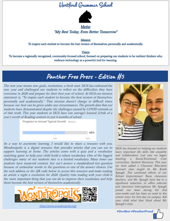 JohnRLassiter's tweet photo. The Panther Free Press is coming home in our Title I Home to School Connect Folder today. Be sure to mark the important dates on your calendar and use the educational resource to help us promote the importance of reading at home #NewYearReadMore #ReadingMatters #OurBest #HGSChat https://t.co/K0rZFUuGHi