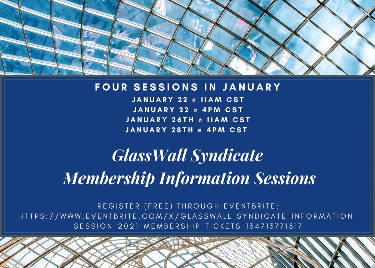 GlassWall Syndicate is hosting multiple information sessions for Investors in January!

We will share more about our mission, our structure &amp; strategy, and the next steps for those interested in Membership.

Register for Free through Eventbrite: eventbrite.com/e/glasswall-sy…