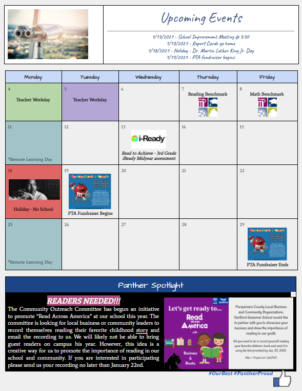 JohnRLassiter's tweet photo. The Panther Free Press is coming home in our Title I Home to School Connect Folder today. Be sure to mark the important dates on your calendar and use the educational resource to help us promote the importance of reading at home #NewYearReadMore #ReadingMatters #OurBest #HGSChat https://t.co/K0rZFUuGHi