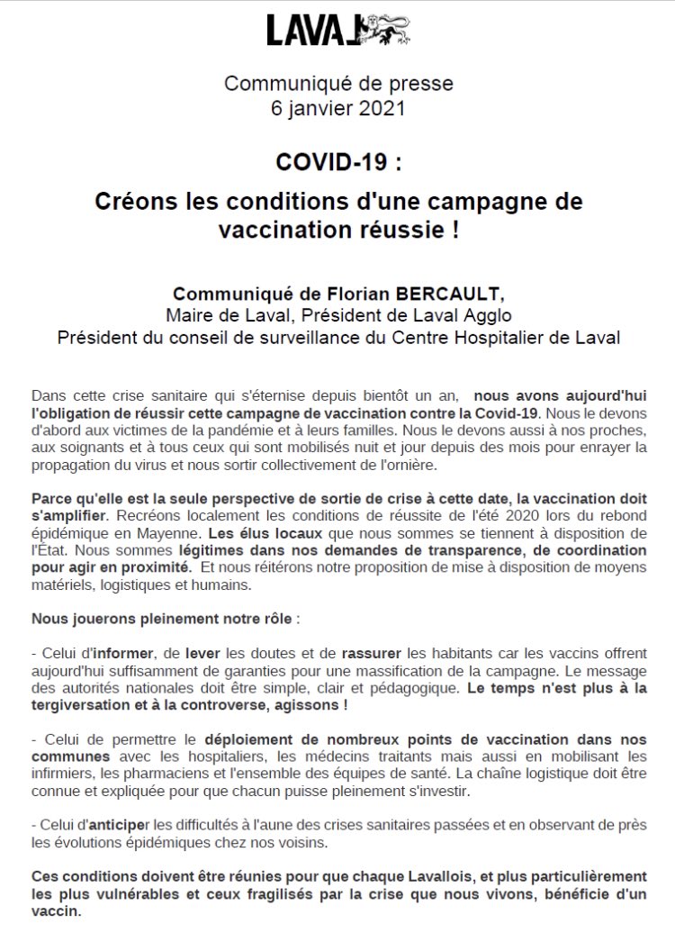FlorianBercault's tweet image. Créons les conditions d’une campagne de vaccination réussie ! 
➡️ informer et lever les doutes 
➡️ permettre le déploiement de nombreux points de vaccination 
➡️ anticiper les difficultés
Mon communiqué à retrouver 👇
#Laval #vaccination
