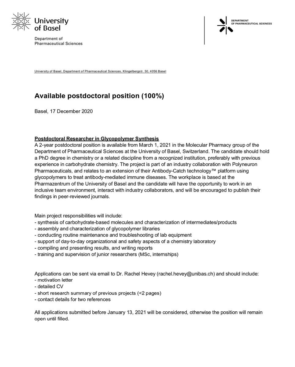 DrRachelHevey's tweet photo. Applications for our postdoc position in glycochemistry are open for one more week - come join our team !! 🥳

#postdoc #glycotime #medchem https://t.co/ptqiYqXAVD