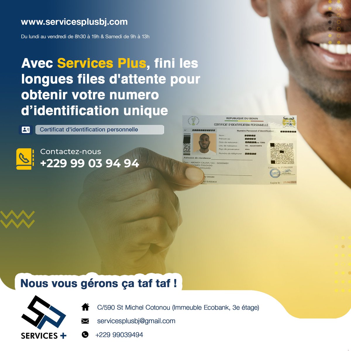 Vous souhaitez avoir votre numero didentifiant unique sans vous deplacer de chez vous et surtout ne pas faire la longue file d'attente au centre? 
Contactez-nous au +229 99039494 
#ServicesPlus pour vous servir!