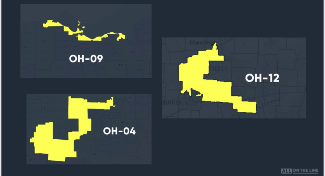 For starters, this is visually what our gerrymandering looks like These districts are some of worst-drawn ones we have in our congressional map that pack together communities (like in the “Snake On the Lake” district) and crack apart others to dilute people’s political power.