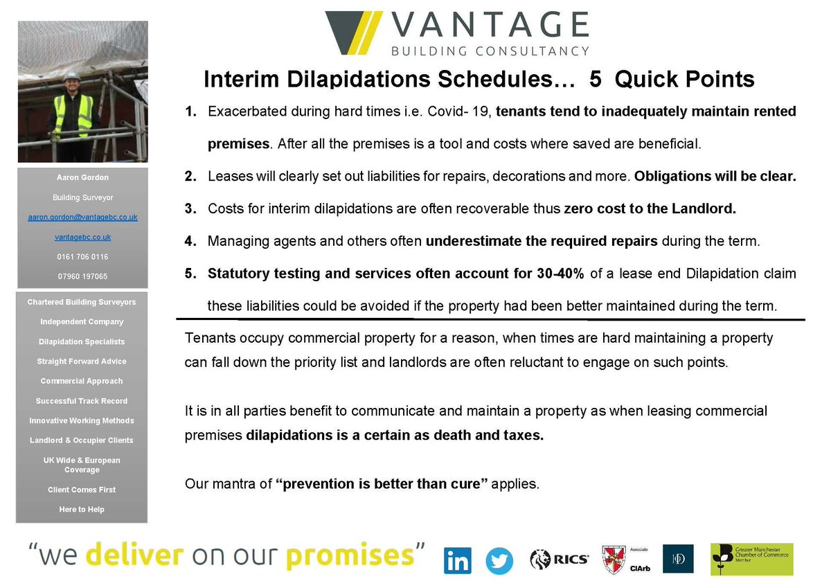 Vantagecon's tweet image. When it comes to dilapidations “a prevention is better than a cure”.

Interim dilapidations are an aid to all parties and can lead to reduced lease end liabilities and more importantly avoid costly disputes be it financial or time.