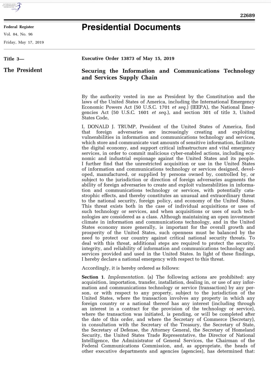 understand what  @realDonaldTrump did in transmitting  @SpeakerPelosi - cut under cut the ODNI, CISA, FBI JS by blaming ChinaExecutive Order 13873May 15, 2019cc  @burgessct Securing the Information and Communications Technology and Services Supply Chain https://www.govinfo.gov/content/pkg/FR-2019-05-17/pdf/2019-10538.pdf