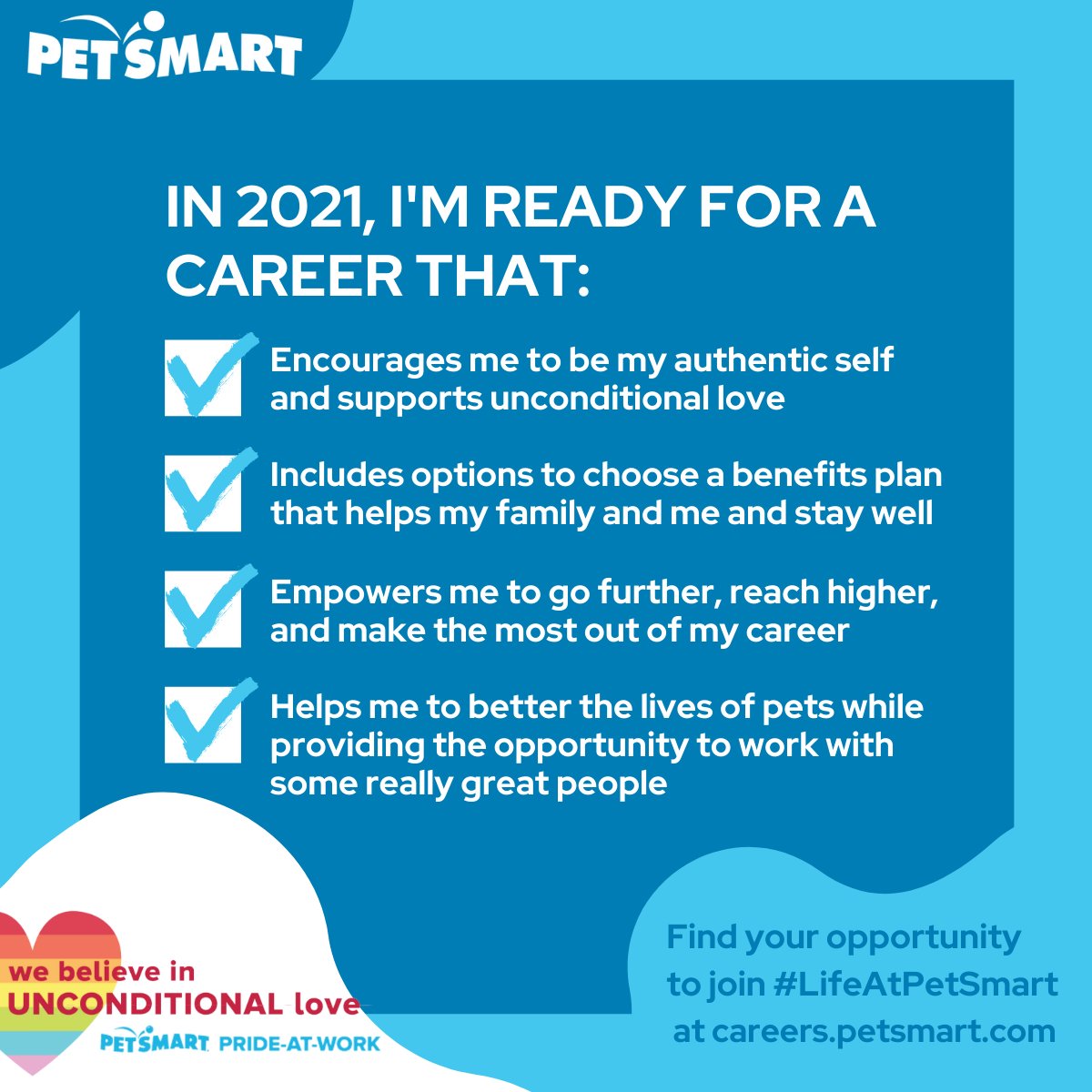 Make 2021 the year you take the next step into a career that you'll love, and that loves you back! We're hiring across multiple departments within #LifeAtPetSmart—our Phoenix Home Office, Distribution Centers, Stores, Salons, and PetsHotels! 

Check out careers.petsmart.com...
