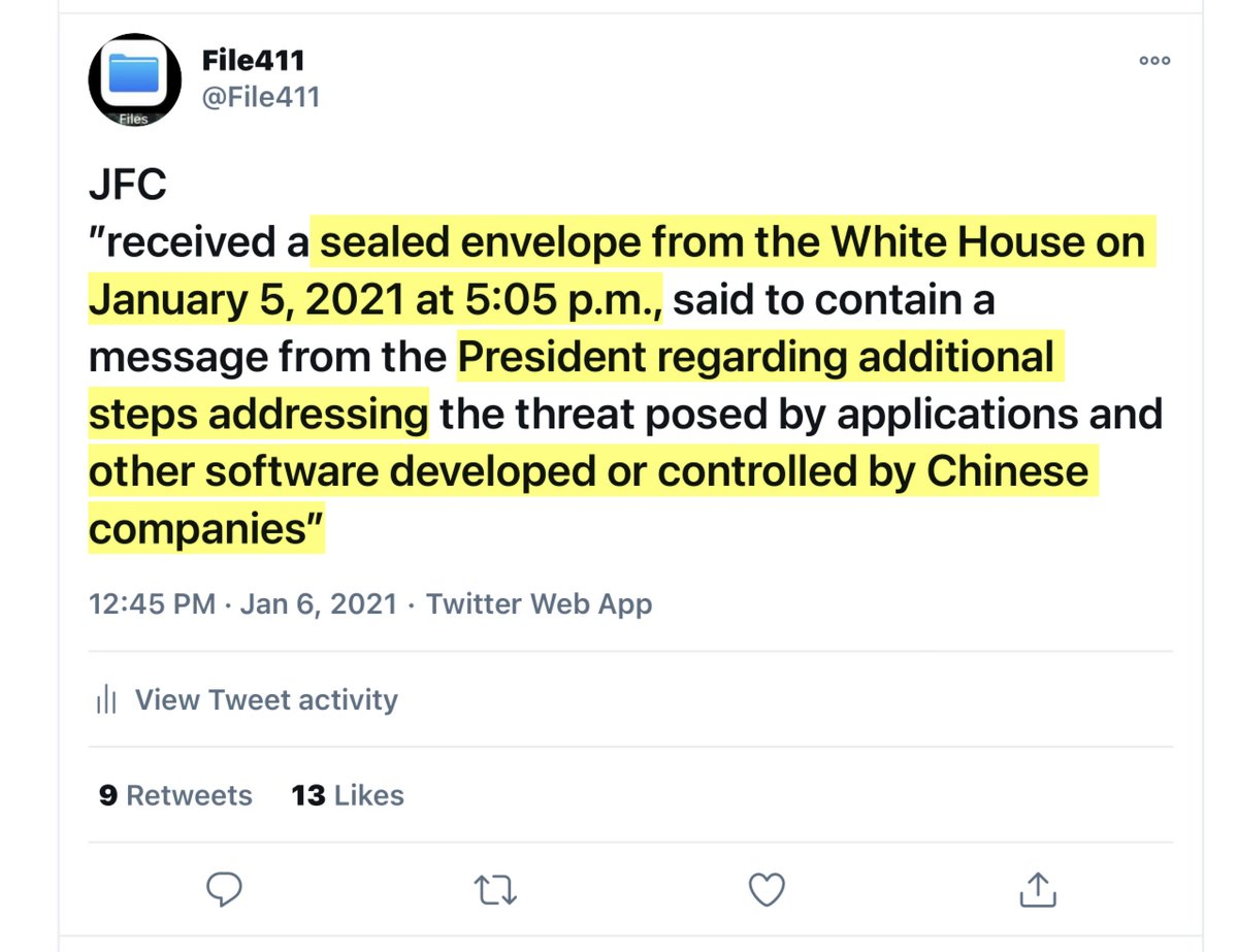 In <70 minutes of yesterday’s JOINT STATEMENT re SOLARWINDS  @realDonaldTrump January 5 2021 at 5:05PM - get it?cc  @burgessct  https://twitter.com/File411/status/1346569203919298564?s=20
