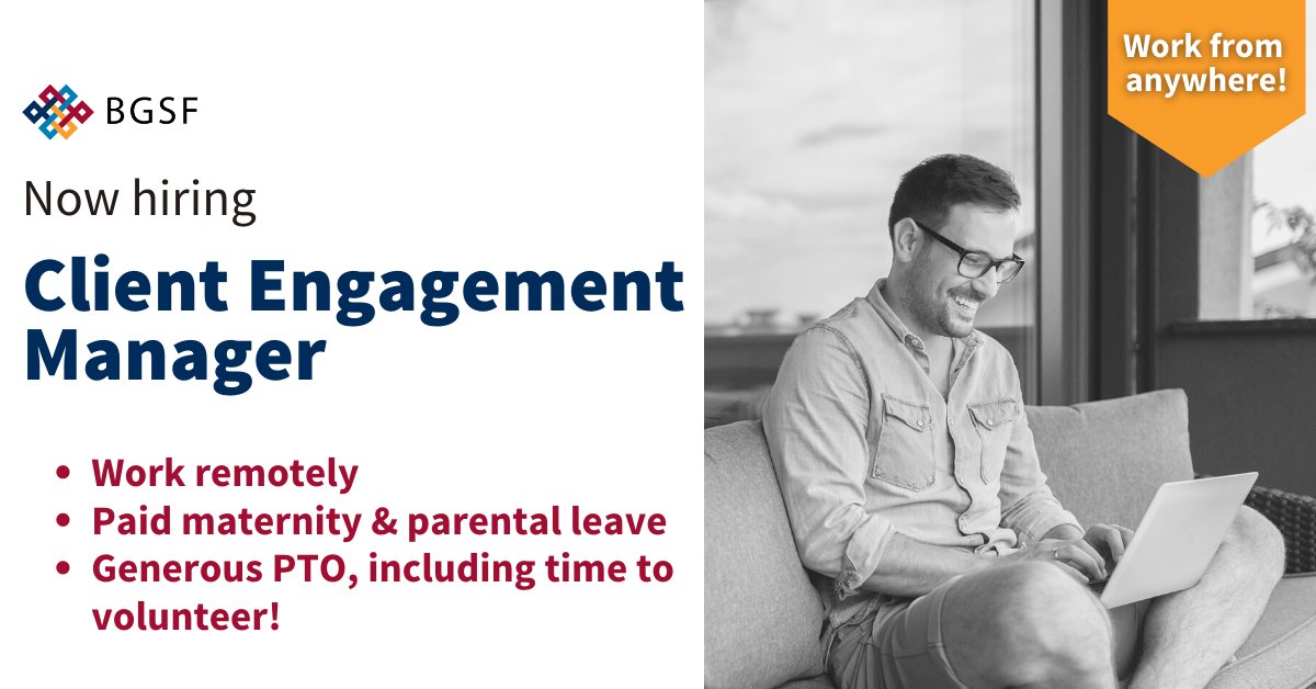 work4bgsf's tweet photo. We are hiring! @work4bg is looking for a Client Engagement Manager to support professional relationships between clients and consultants. Enjoy working anywhere with this #remoteopportunity and other benefits! Apply today: https://t.co/6vgvqF10y2
#Work4BG #nowhiring #remotework https://t.co/x9AQBJ87ww