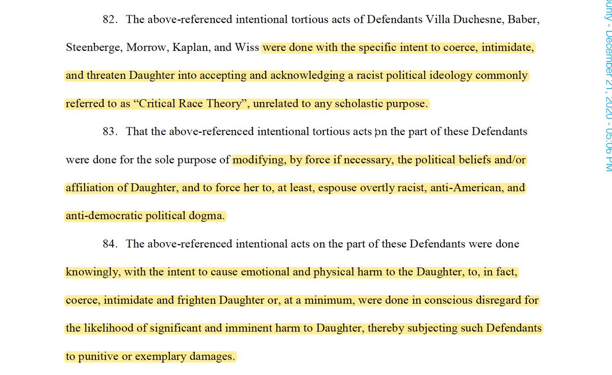12) Lawsuit claims that the acts by the faculty were meant to "coerce, intimidate, and threaten daughter into accepting and acknowledging a racist political ideology commonly referred to as 'Critical Race Theory,' unrelated to any scholastic purpose." And more:
