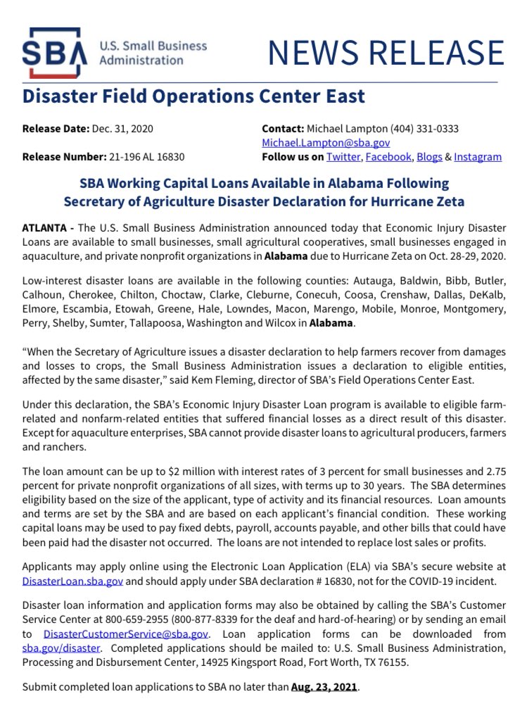 GovernorKayIvey's tweet image. .@SBAgov Economic Injury Disaster Loans are available to small businesses, small agricultural cooperatives, small businesses engaged in aquaculture, &amp;amp; private nonprofit organizations in AL due to #HurricaneZeta on Oct. 28-29, 2020. Apply at DisasterLoan.sba.gov. #alpolitics