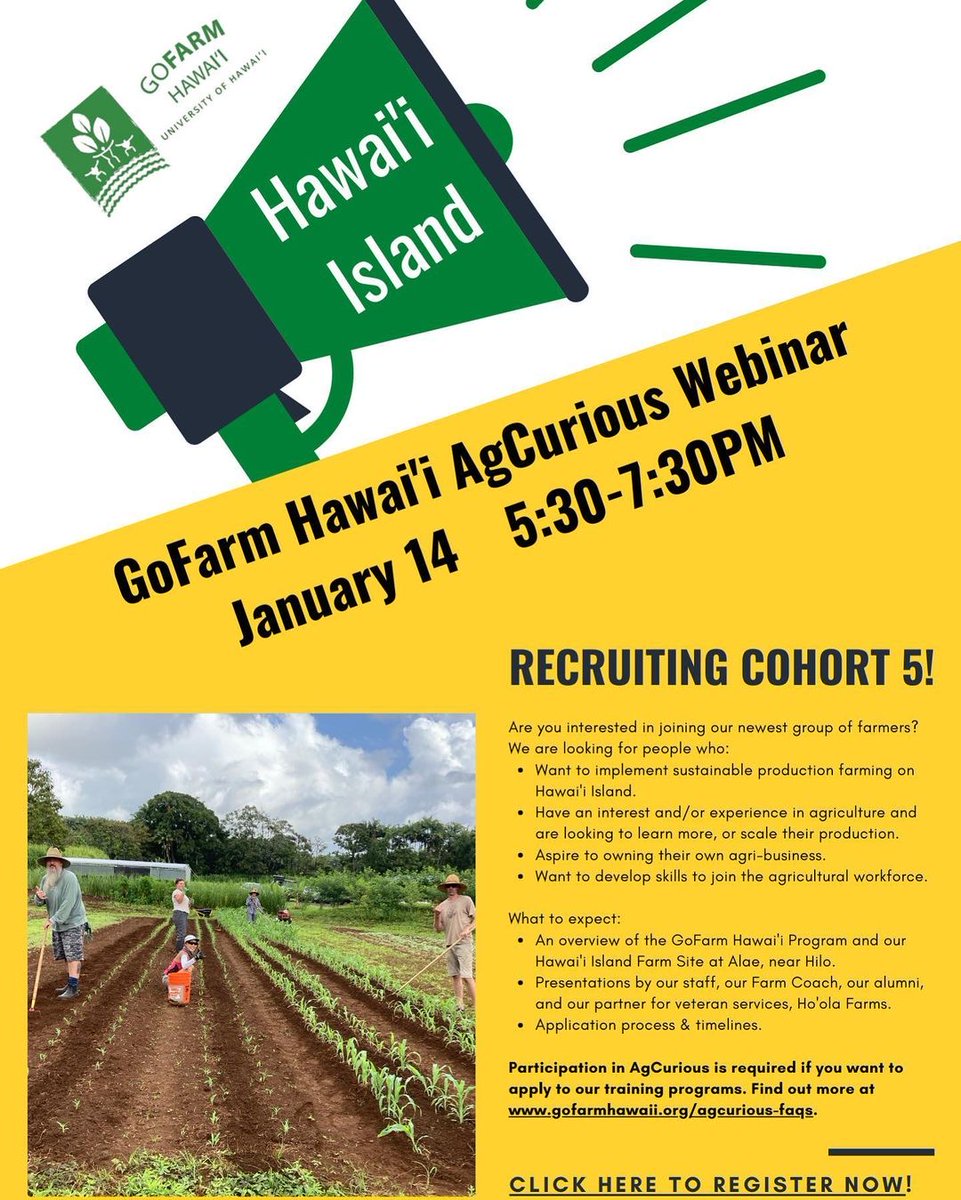 Ulupono's tweet photo. #repost @GoFarmHawaii 
・・・
It’s that time Hawaiʻi Island!!! Recruiting for our next Cohort 🙌🏾 link in bio to register 🌱 #HawaiiIsland #GoFarmHawaii #Farming https://t.co/DIeBQD0iaK