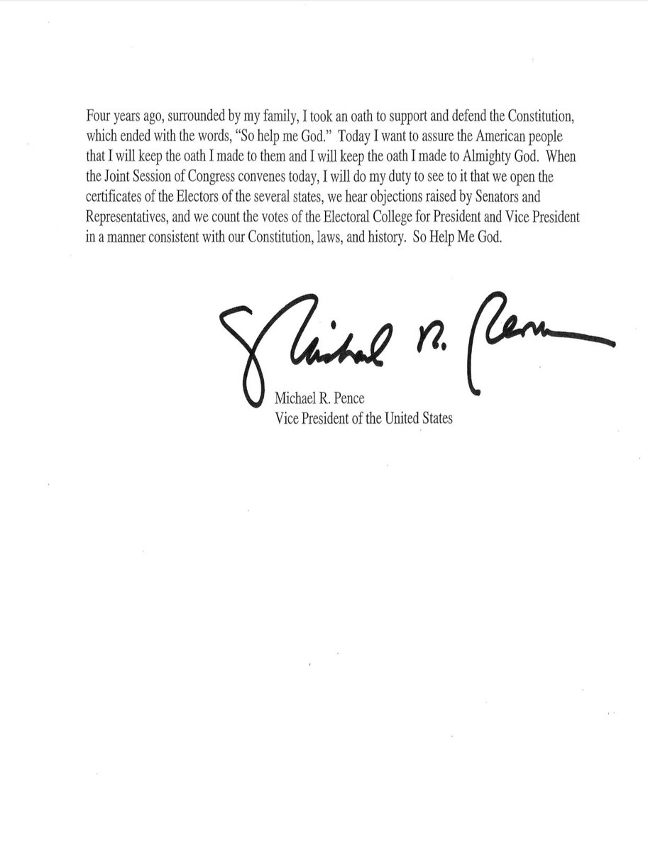 So that’s it -  #MikePence ultimately decides to risk the wrath of  #Trump. In letter he says he does not have”unilateral authority to decide which electoral votes should be counted.”
