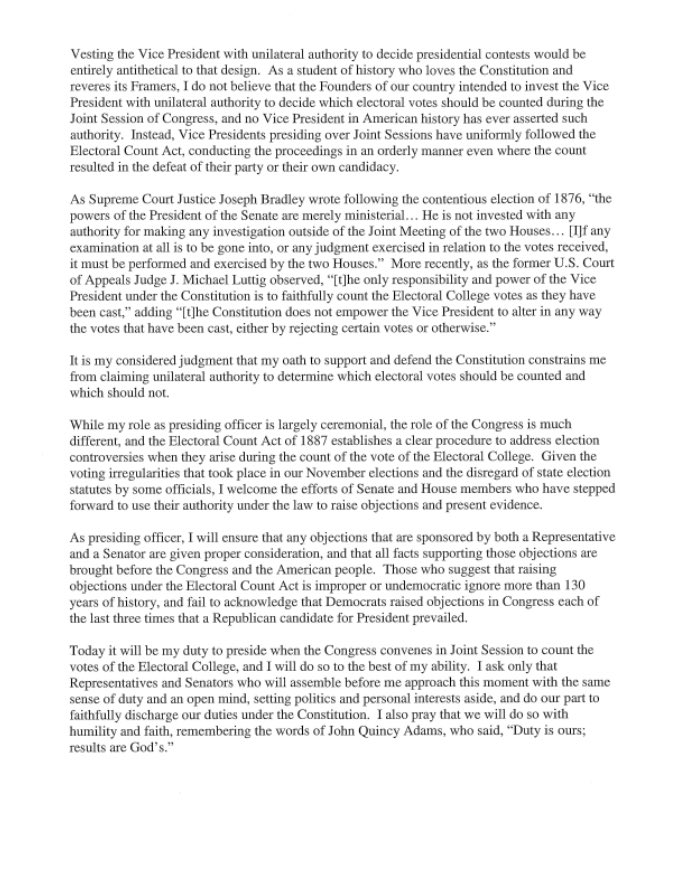GretaLWall's tweet photo. #NEW In letter to Congress ahead of joint session, @VP Pence says: "It is my considered judgment that my oath to support and defend the Constitution constrains me from claiming unilateral authority to determine which electoral votes should be counted and which should not." https://t.co/nszFGP7NDE