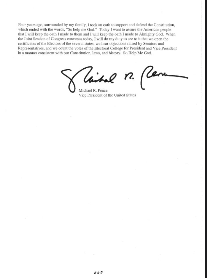 GretaLWall's tweet photo. #NEW In letter to Congress ahead of joint session, @VP Pence says: "It is my considered judgment that my oath to support and defend the Constitution constrains me from claiming unilateral authority to determine which electoral votes should be counted and which should not." https://t.co/nszFGP7NDE