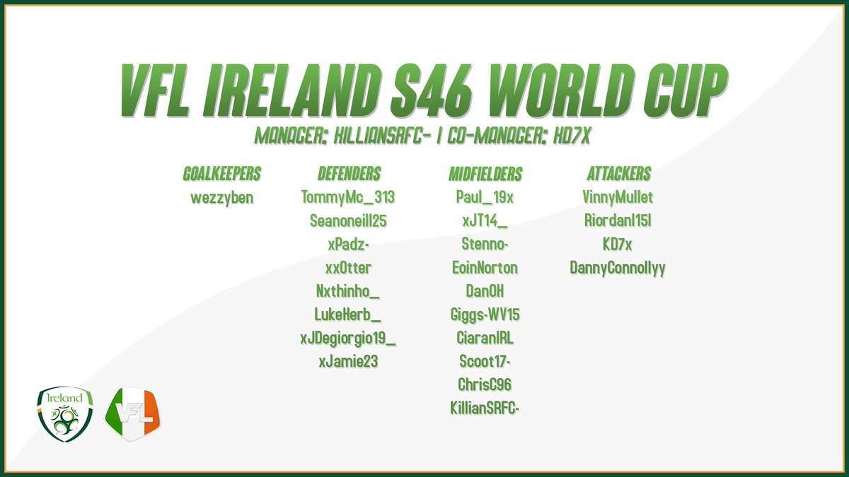 VFL Ireland Squad for upcoming World Cup selected by <a href="/KMxher/">Kill Mxher</a> <a href="/TheVFL_/">VFL</a>