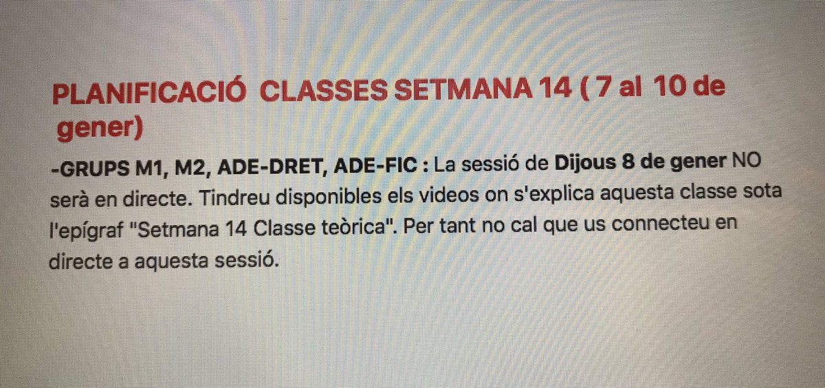 CompOrgADE's tweet image. Planificació classes Setmana 14: la sessió de dijous 8 de gener no serà en directe. Tindreu disponibles els videos al Moodle #CompOrg20