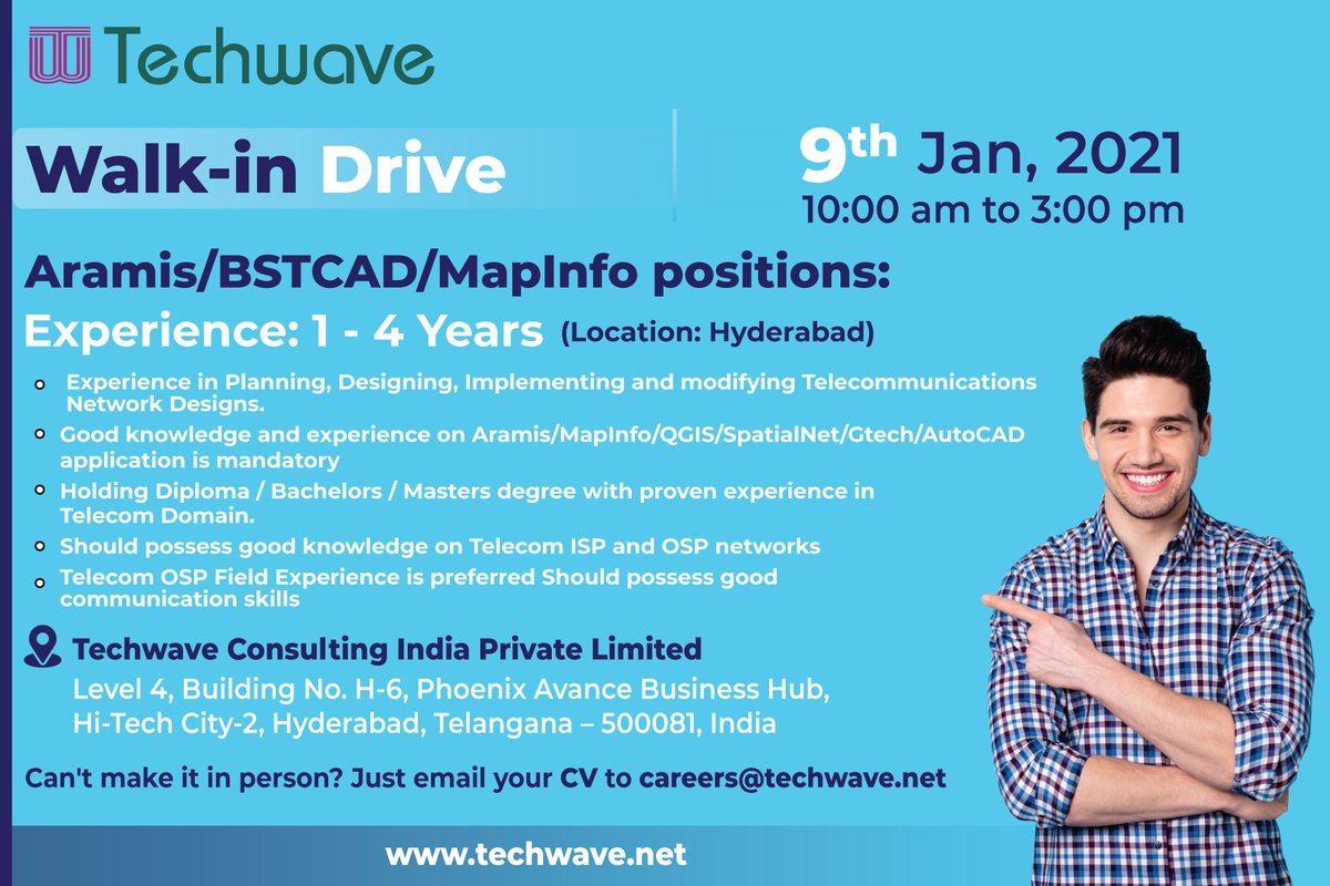 TechwaveC's tweet photo. Techwave is Hiring for Telecom Engineers (Aramis / MapInfo / BSTCAD ).
Walk-in Date: 9th Jan'21 (Saturday), Time: 10:00 AM to 3:00 PM
Share your CV at: careers@techwave.net

#Employment #Jobs #JobSearch #TelecomOpenings https://t.co/d1amLc9UNt