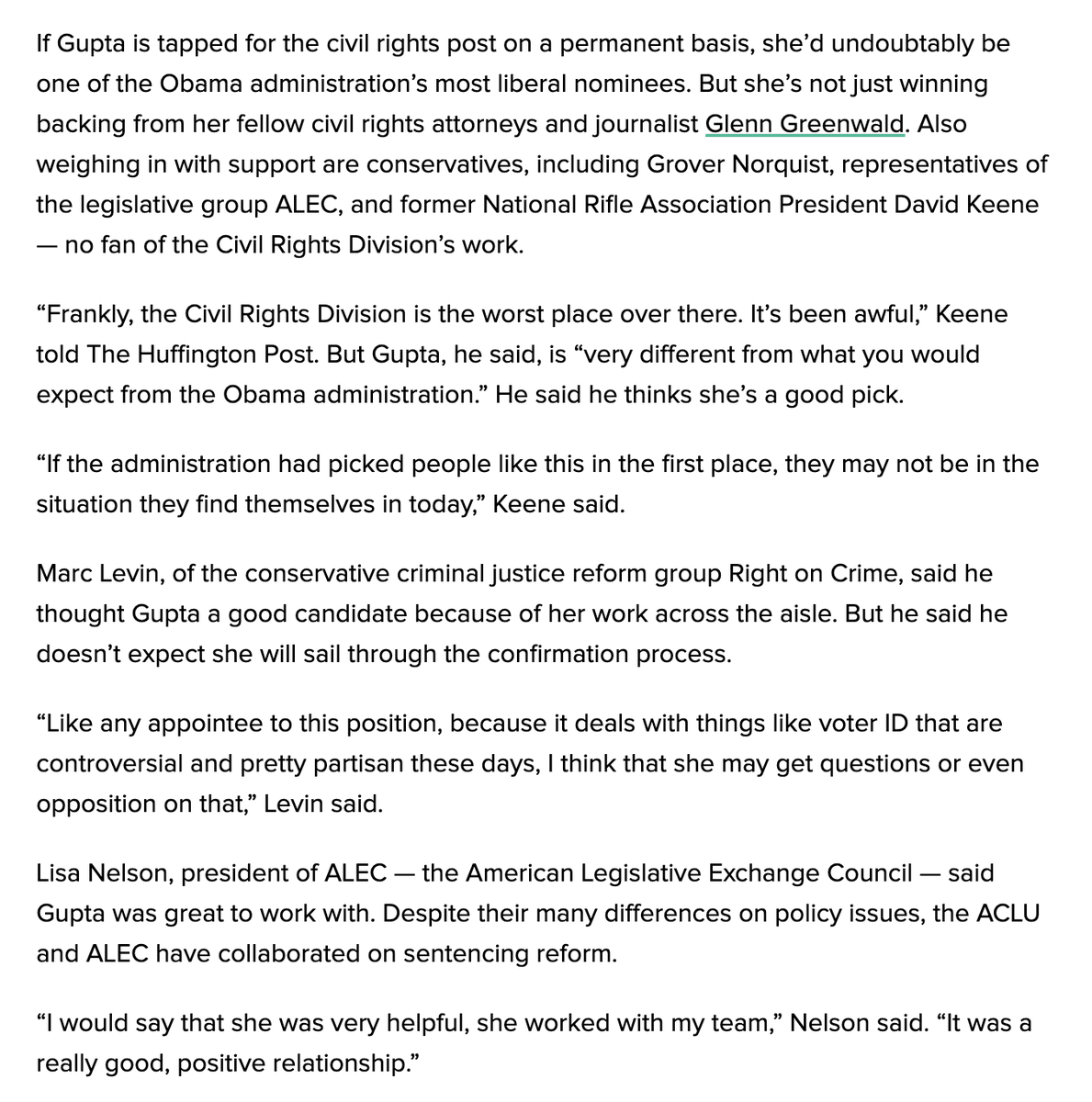 Not that she’ll necessarily need it, but Gupta also has a lot of conservative admirers. From 2014:  https://www.huffpost.com/entry/vanita-gupta-doj-civil-rights-ferguson_n_5993310