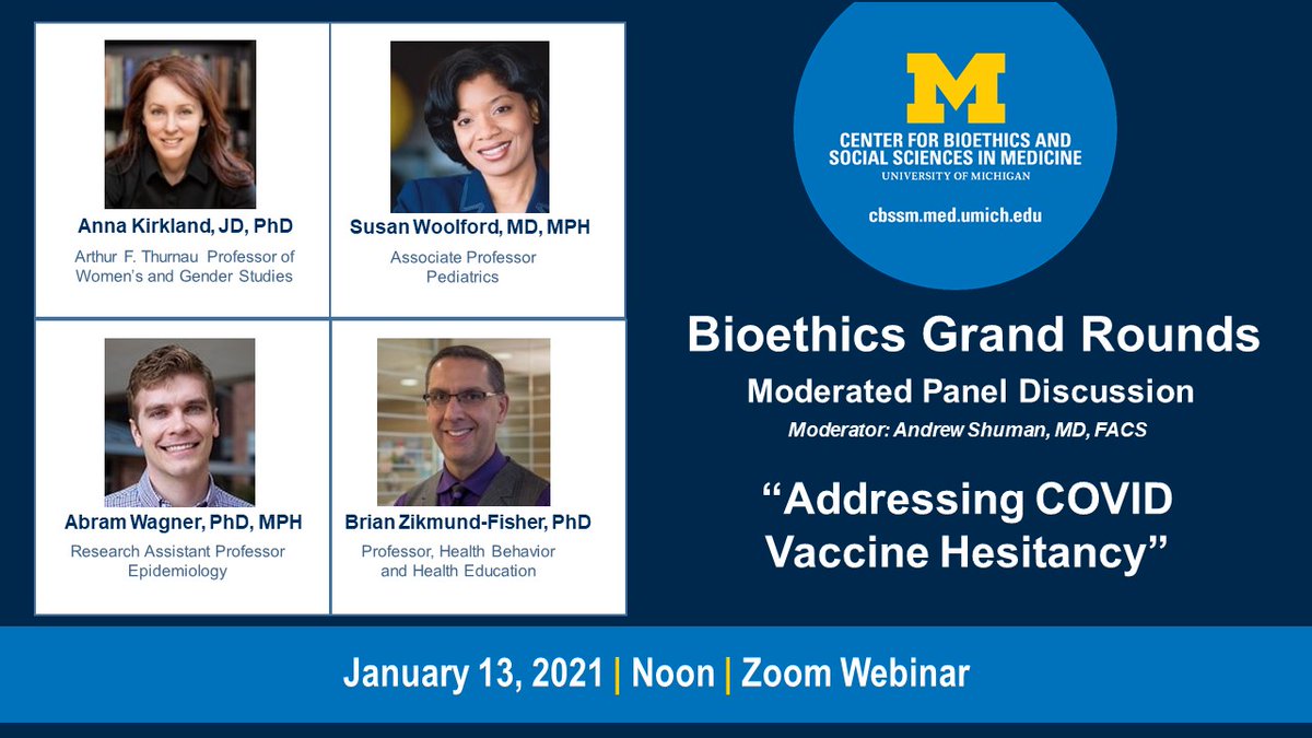 Join <a href="/CBSSM/">Michigan Bioethics</a> for Bioethics Grand Rounds on January 13th. Submit questions for the panelists in advance @ umichumhs.qualtrics.com/jfe/form/SV_26…
<a href="/bzikmundfisher/">Brian Zikmund-Fisher</a> <a href="/UM_IHPI/">U-M IHPI</a> <a href="/umichsph/">University of Michigan School of Public Health</a> <a href="/abramwagner/">Abram Wagner, PhD</a> <a href="/umichmedicine/">Michigan Medicine</a> @AnnaRKirkland <a href="/sjwoolford/">Susan Woolford</a> @umichsphglobal <a href="/UMichSurgery/">Michigan Surgery</a> @Umichpeds