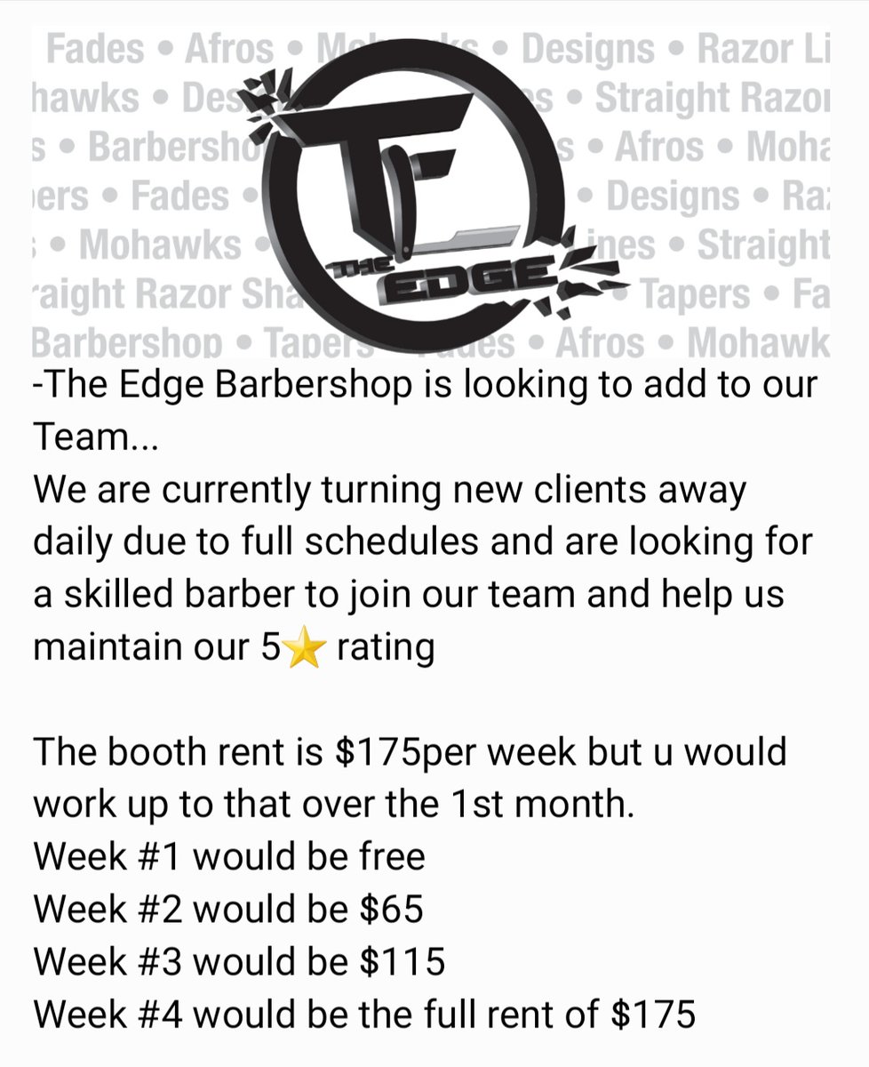 Tsmackthebarber's tweet photo. The Edge Barbershop is looking to add to the Team A.S.A.P. hit me up for more details or interest... #azbarber #barberneeded #azbarbershop #barberwanted https://t.co/d8GaKbCjWt