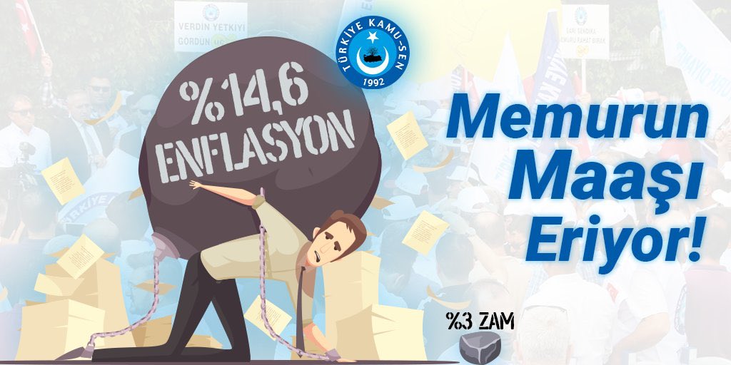 2020 yılı enflasyonu % 14,6 çıkmış iken memura yapılan %3 sefalet zammına hayır!
İstediğimiz atla deve değil, enflasyon ve artan fiyatlar karşısında uğradığımız gelir kaybının telafi edilmesidir.
Bunun yolu da #MemuraEkZam verilmesidir. 
<a href="/RTErdogan/">Recep Tayyip Erdoğan</a> <a href="/tcbestepe/">T.C. Cumhurbaşkanlığı</a> <a href="/lutfielvan/">Lütfi Elvan</a>