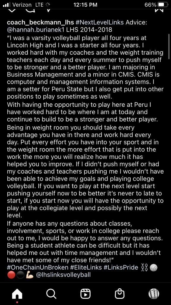 Advice from #NextLevelLinks <a href="/LHS_LinksVball/">LHS Links Volleyball</a> alum and current <a href="/pscbobcats/">Peru State Athletics</a> 🏐 Hannah Burianek