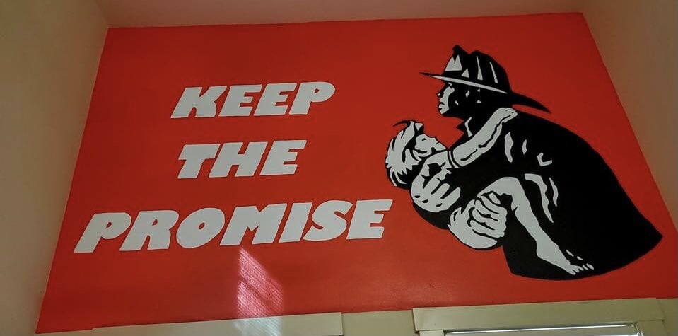 LtRayMack's tweet image. "The fire service created these stickers as a promise to go inside and rescue those that are trapped. WE MUST KEEP OUR PROMISE." - Ray McCormack 
This mural was created by Noe Lopez for his station. Outstanding!